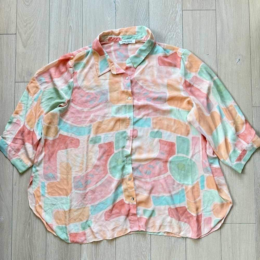 Rose + Olive Pastel Abstract Button-Up Shirt Women’s Size 2X